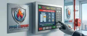 Technik w rękawicach obsługujący zaawansowany panel sterowania systemem sygnalizacji pożaru SAP w PPOŻ-EXPERT