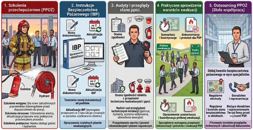 Infografika przedstawiająca ofertę – materiały szkoleniowe PPOŻ-EXPERT